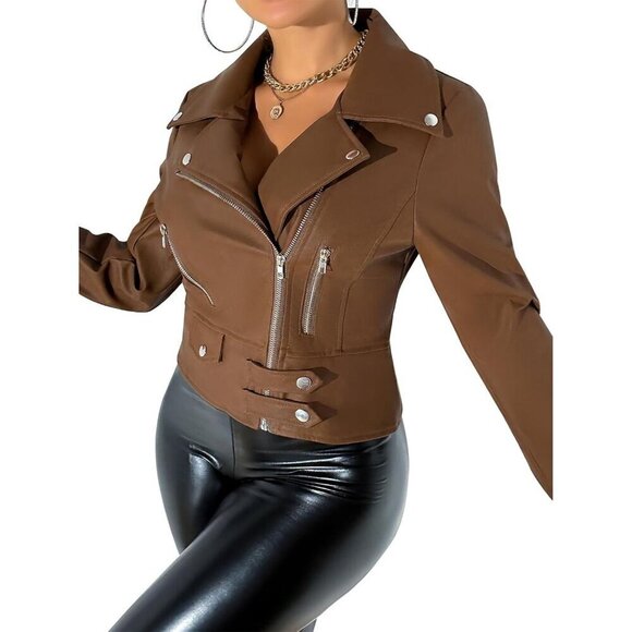 Leather Jacket Women Moto Biker Zip Up Jacket Open Front Coat Outwear - Picture 5 of 5